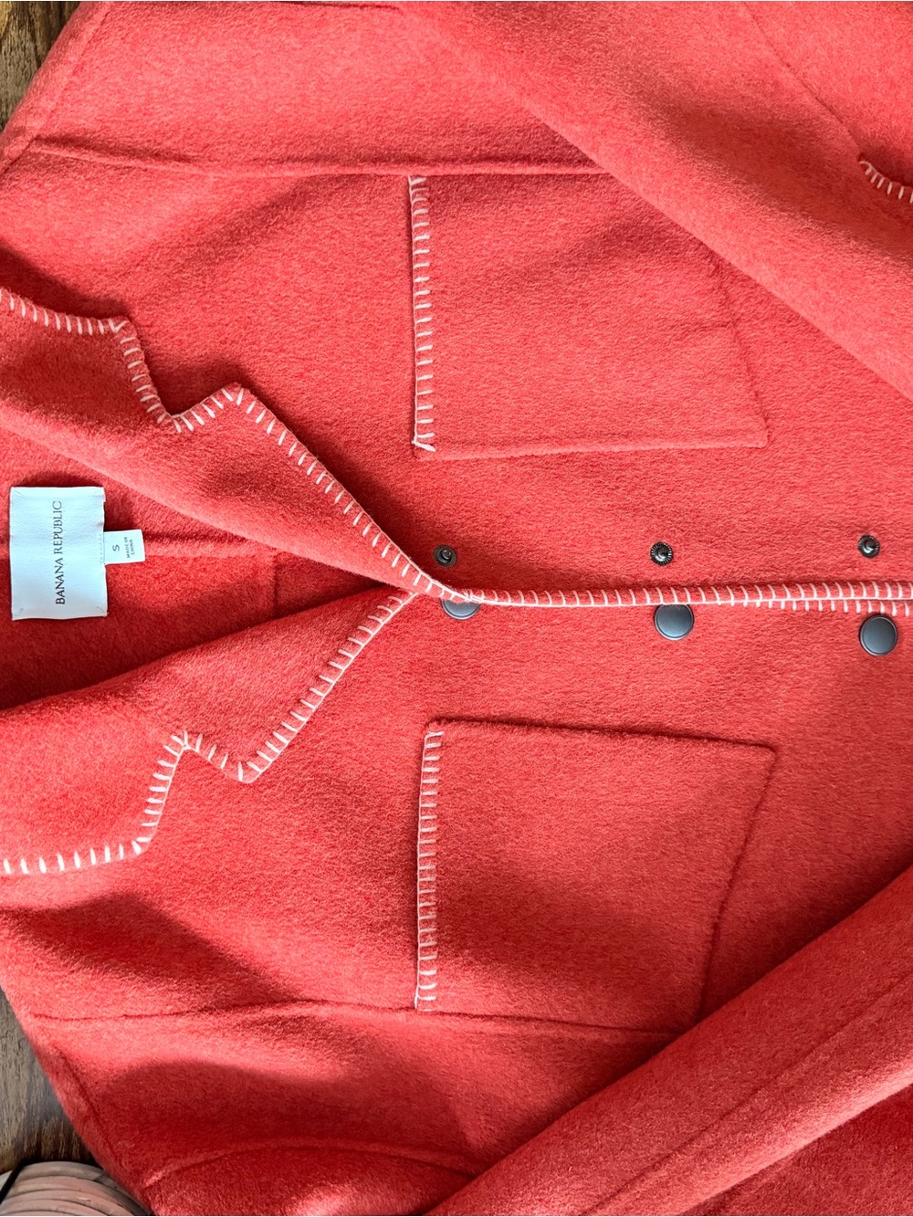 Banana Republic Coral Red Wool Pea Coat with Contrast Whipstitch
